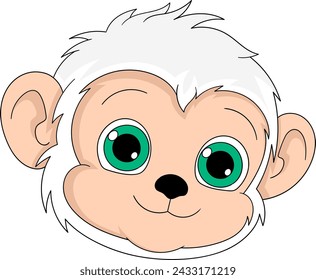 Cartoon Doodle Illustration, weißer pelziger Affenkopf mit einem glücklichen Gesicht, kreative Zeichnung 