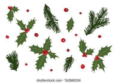 cartoon doodle illustrations set with fir tree branch and holly vector hand-drawing graphics.