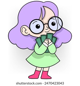 cartoon doodle of investment results in financial success, young girl was carrying a lot of money