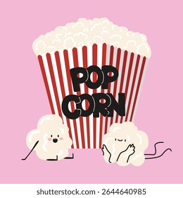 Cartoon doodle kawaii popcorn. Cinema cartoon characters and bucket with popcorn. Comic vector illustration with funny movie mascot