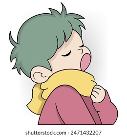 Cartoon doodle keeps the body healthy from virus attacks, boy is sneezing because he has the flu