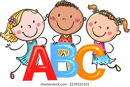 Desenho animado crianças com letras ABC, crianças felizes aprendem o alfabeto, crianças segurando letras ABC, ilustração isolada