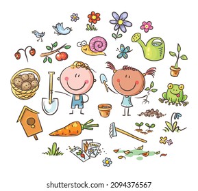 Cartoon doodle kids in the garden, clipart set