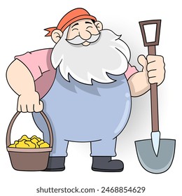 cartoon doodle of labor worker activity, old man carrying a shovel is mining gold