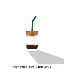 Cartoon doodle layer of Iced coffee with milk and caramel.