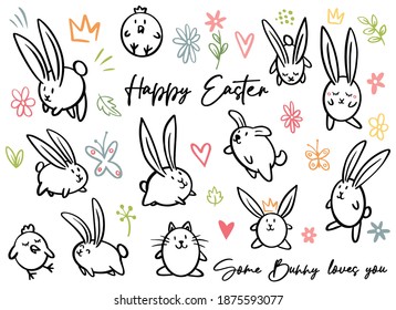 Cartoon doodle line happy Easter sign, egg, some bunny loves you, chicken, cat, dog, flowers, crown, leaves. Vector doodling illustration. Black outline bunny ears.