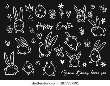 Cartoon doodle line happy Easter chalk board sign, egg, bunny, chicken, cat, dog, flowers, crown, leaves. Vector doodle illustration. Black outline bunny ears. Cute easter funny hand drawn sketch.