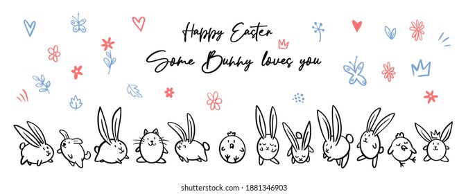 Cartoon doodle line happy Easter chalk board sign, egg, bunny, chicken, cat, dog, flowers, crown, leaves. Vector doodle illustration. Black outline bunny ears. Cute easter funny hand drawn sketch.