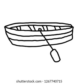 Cartoon doodle linear boat with paddle isolated on white background. Vector illustration. 