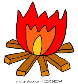 Cartoon doodle linear bonfire isolated on white background. Vector illustration.