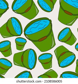 Cartoon doodle linear bucket with liquid seamless pattern. Household tool background. 