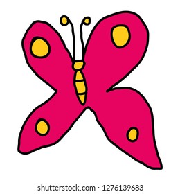 Cartoon doodle linear butterfly isolated on white background. Vector illustration. 