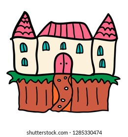 Cartoon doodle linear castle isolated on white background. Vector illustration. 