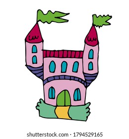 Cartoon doodle linear castle isolated on white background. Vector illustration. 