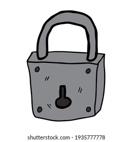 Cartoon doodle linear closed padlock isolated on white background. Security concept icon. 