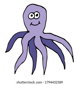 Cartoon doodle linear cute octopus isolated on white background. Marine life icon. Vector illustration.  