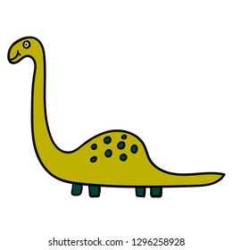 Cartoon doodle linear dinosaur, diplodocus isolated on white background. Vector illustration. 