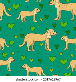 Cartoon doodle linear dog seamless pattern. Cute pet background with hearts confetti.