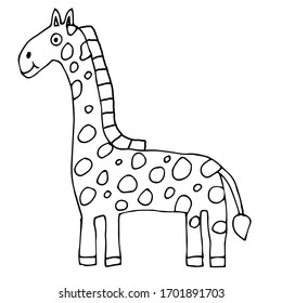Cartoon doodle linear giraffe isolated on white background. Childlike style. Vector illustration 