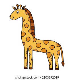 Cartoon doodle linear giraffe isolated on white background. Childlike style.  