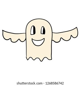 Cartoon doodle linear happy ghost isolated on white background. Vector illustration.  