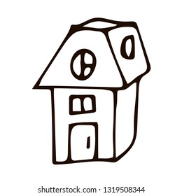 Cartoon doodle linear house isolated on white background. Vector illustration. 