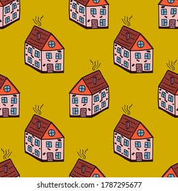 Cartoon doodle linear house seamless pattern. Building infinity background. Town, city backdrop. Vector illustration.     