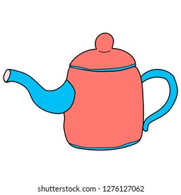 Cartoon doodle linear kettle, teapot isolated on white background. Vector illustration.