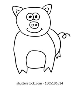Cartoon doodle linear pig isolated on white background. Vector illustration.