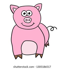 Cartoon doodle linear pig isolated on white background. Vector illustration.