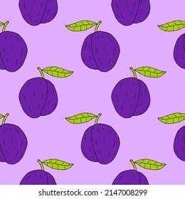 Cartoon doodle linear plum with leaf seamless pattern. Fruit background.