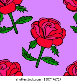 Cartoon doodle linear rose seamless pattern. Floral background. Vector illustration.