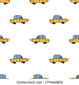 Dibujo de dibujos animados patrón lineal sin fisuras con coches de estilo infantil.  Fondo de taxi. Ilustración vectorial. 