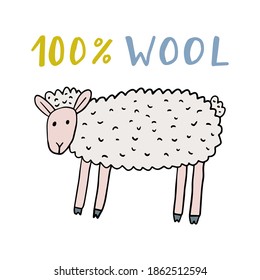 Cartoon doodle linear sheep and lettering of words 100% WOOL isolated on white background. Vector illustration. 