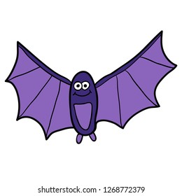 Cartoon doodle linear smiling bat isolated on white background. Vector illustration.