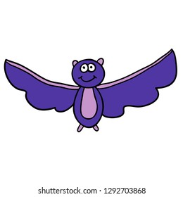 Cartoon doodle linear smiling bat isolated on white background. Vector illustration.