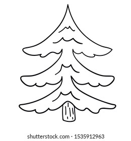 Cartoon doodle linear spruce tree isolated on white background. Vector illustration.  