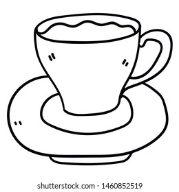 Cartoon doodle linear tea cup and saucer isolated on white background. Vector illustration.   