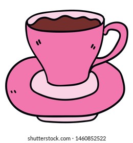 Cartoon doodle linear tea cup and saucer isolated on white background. Vector illustration.   