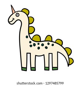 Cartoon doodle linear unicorn, dinosaur isolated on white background. Vector illustration.  