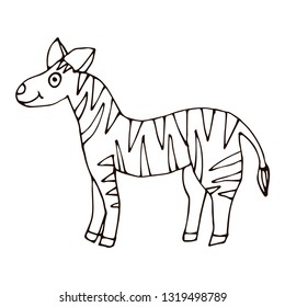 Cartoon doodle linear zebra isolated on white background. Vector illustration. 