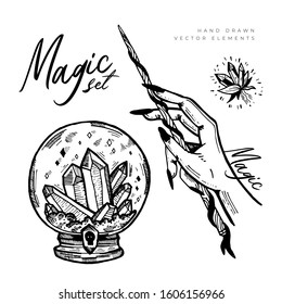 Cartoon doodle magic hand drawn set. Art isolated. Ink style boho chic sticker, patch, flash tattoo or print design vector illustration