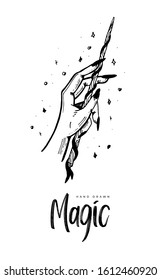 Cartoon doodle magic hand drawn set. Art isolated. Ink style boho chic sticker, patch, flash tattoo or print design vector illustration