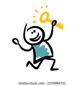 Cartoon doodle man jumping with the golden key in his arms. Vector artistic illustration.