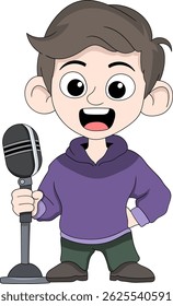 Cartoon doodle mascot of a young man holding a large microphone, symbolizing podcasting, content creation, or broadcasting.