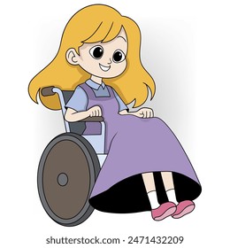 cartoon doodle of medical health and care activities, a beautiful girl patient is sitting in a wheelchair due to a leg injury