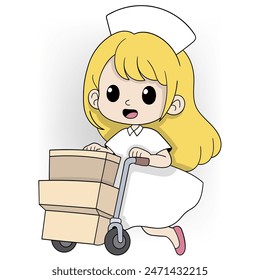 cartoon doodle of medical health and care activities, a beautiful nurse girl is walking carrying medicine supplies for hospital patients