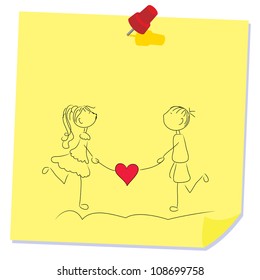 cartoon doodle memo paper - cartoon couple with heart