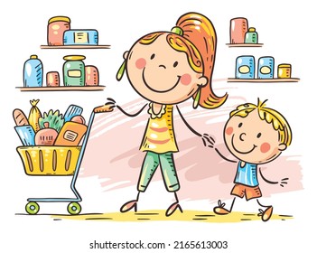 Cartoon doodle mom and son at supermarket with shopping cart. Hand drawn illustration of family shopping