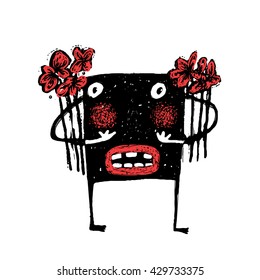 Cartoon Doodle Monster with Bunch of Flowers. Ugly character hand drawn naive style. Cute comic bizarre monster, vector drawing illustration.